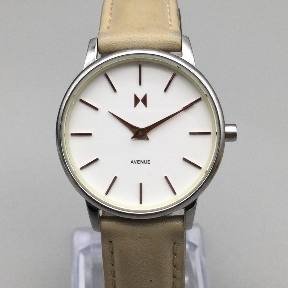 MVMT Avenue Watch Women 27mm Silver Tone Tan Leather Band New Battery
